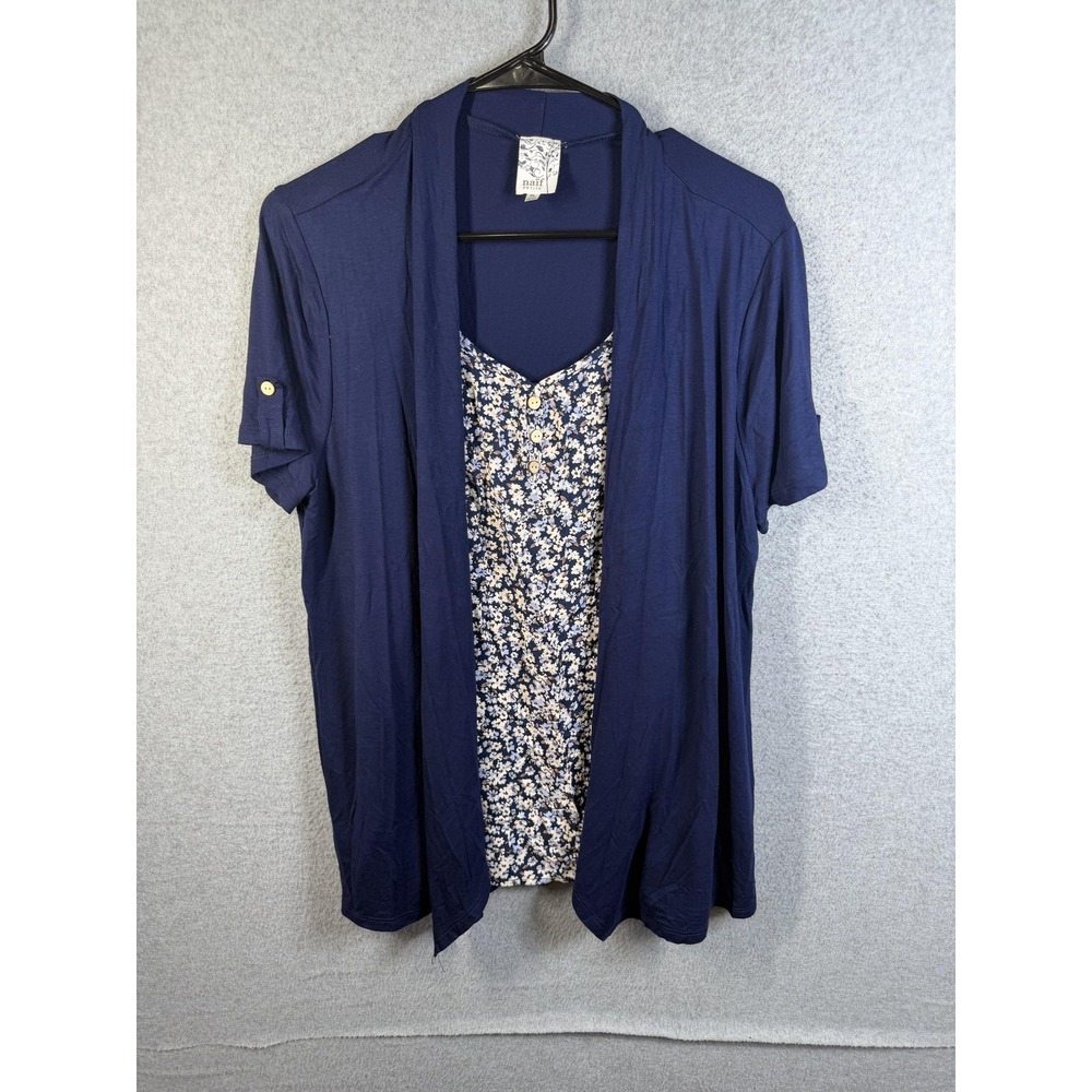 Naif Tunic Top Womens PL Blue Floral Layered Short Sleeve Open Front Cardigan
